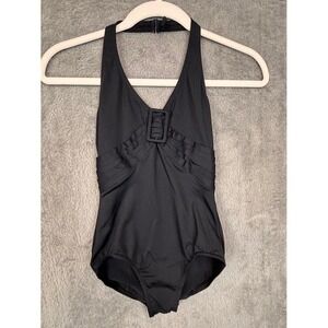 Mirella Black Halter Leotard V-Neck Buckle Detail Dance Ballet Womens Small